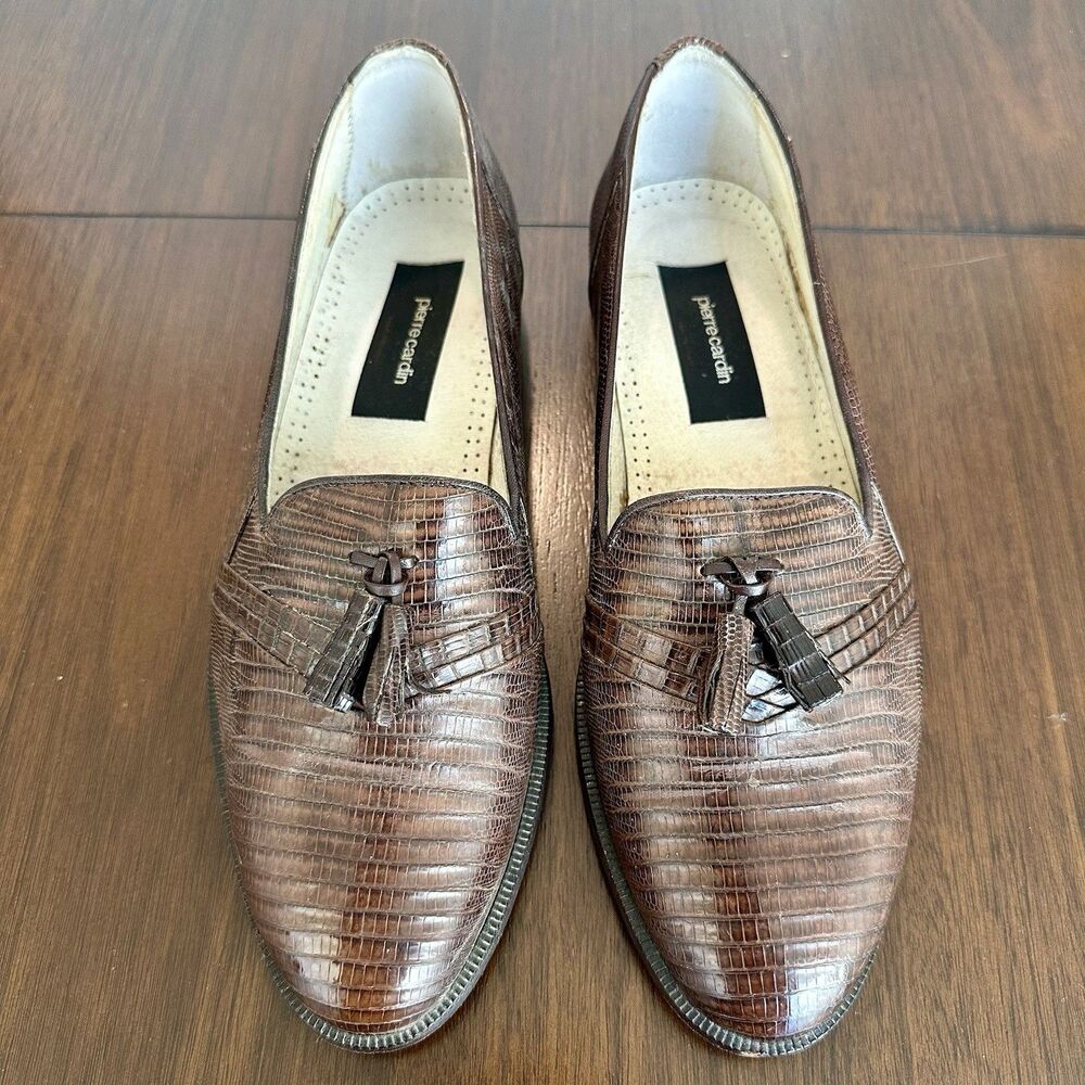 Vintage Pierre Cardin Men Lizard Loafers 8.5 D Brown Tassel Classic Dress Shoes